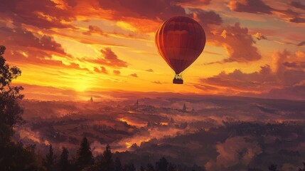 Obraz premium Hot air balloon soaring over a misty landscape at sunset.