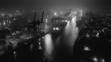 Night harbor with cranes and ships.