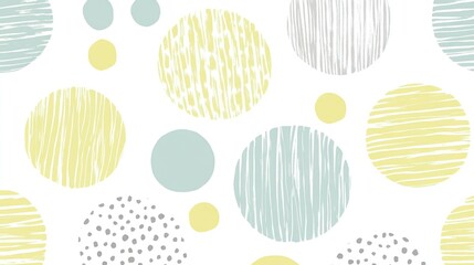 Seamless pastel yellow, grey, and blue circle pattern.