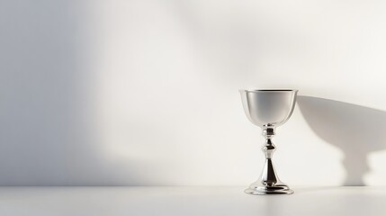 A silver cup sits on a table in front of a white wall. The cup is empty and the table is bare. The scene is simple and uncluttered, with the focus on the cup and the wall