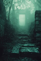 Mysterious pathway in an ancient forest shrouded in fog and overgrown vines creates an eerie atmosphere