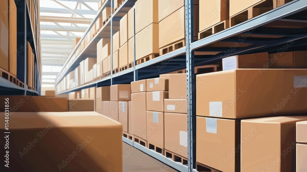 Poster warehouse with stacked cardboard boxes on shelves.