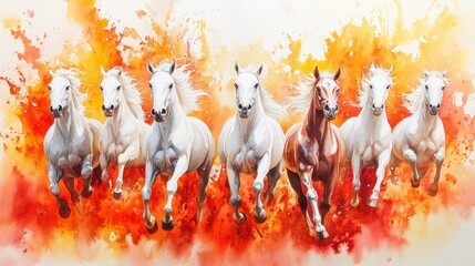 Seven majestic horses, six white and one brown, gallop amidst a vibrant orange and red watercolor splash.