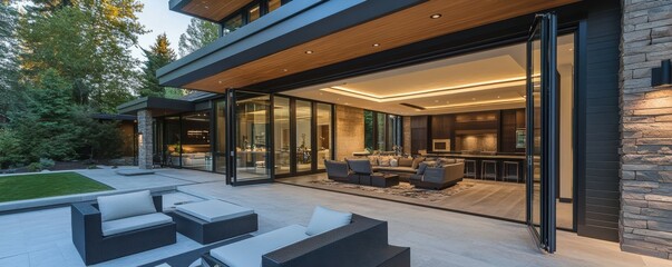 Modern patio with folding glass doors to living area