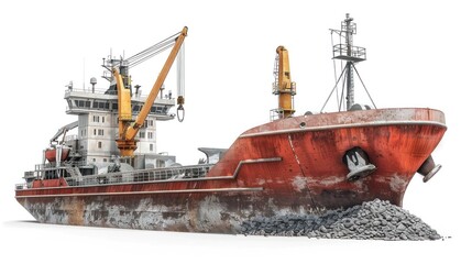 Fototapeta premium Large commercial cargo ship with a massive crane loading and unloading freight containers and materials at a busy industrial seaport harbor The ship is transporting goods resources