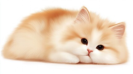 Adorable Fluffy Kitten Resting Peacefully on White Background