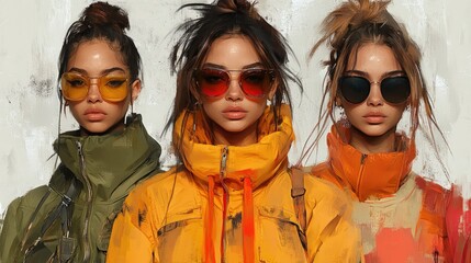 Three stylish women, sunglasses, colorful jackets.
