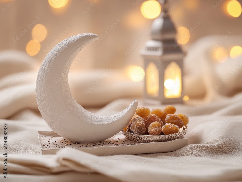 Aufkleber Crescent moon with dates and lantern against bokeh lights.