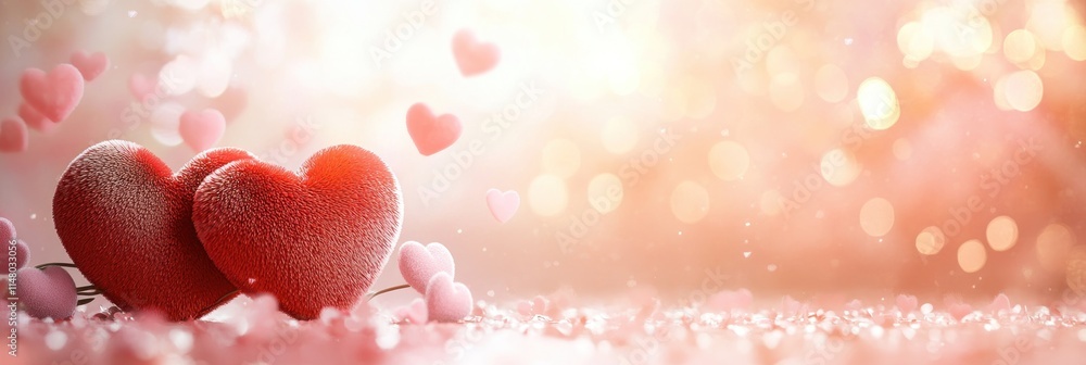 Poster red hearts with bokeh background.