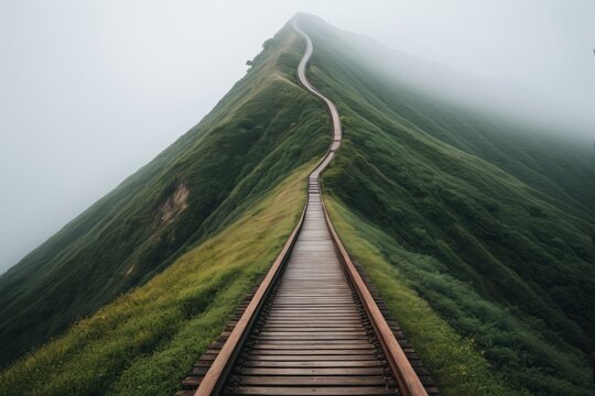 arafed view of a long wooden path going up a mountain