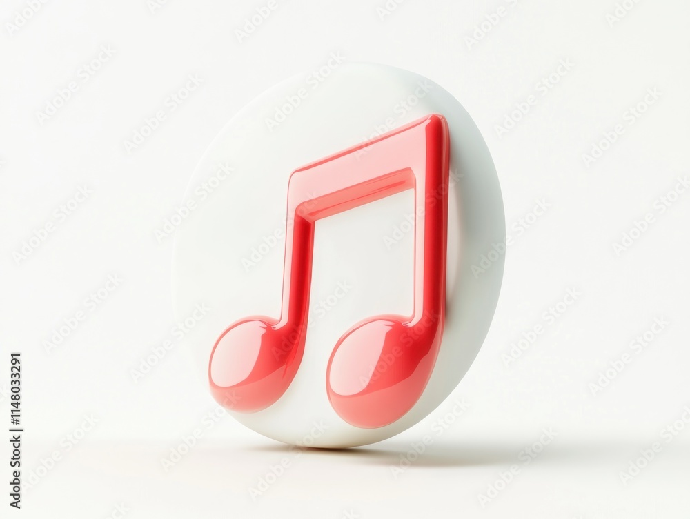 Poster red musical note icon on white round object, 3d render.