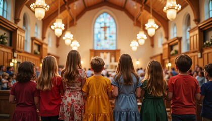 Children standing in church during a religious service
