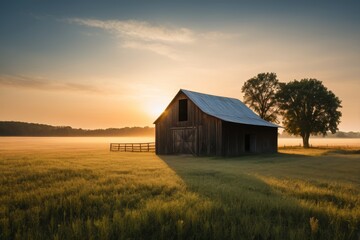 Obraz premium arafed barn in a field with a fence and a tree