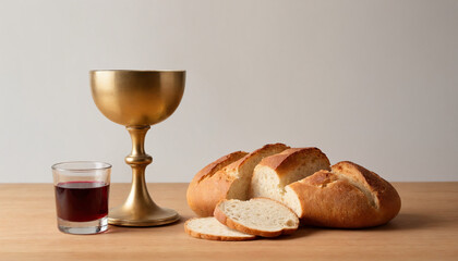 Bread and wine in a religious style in golden and brown tones