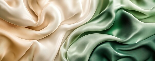Fototapeta premium Abstract background with flowing green and beige fabric creating smooth shapes