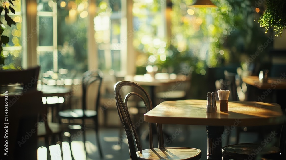 Poster Bright cafe with tables and chairs, sunlight streams in.
