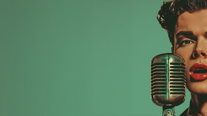 Beautiful microphone and handsome young man in music radio 50s style singing at concert and speaking on podcast with place for text