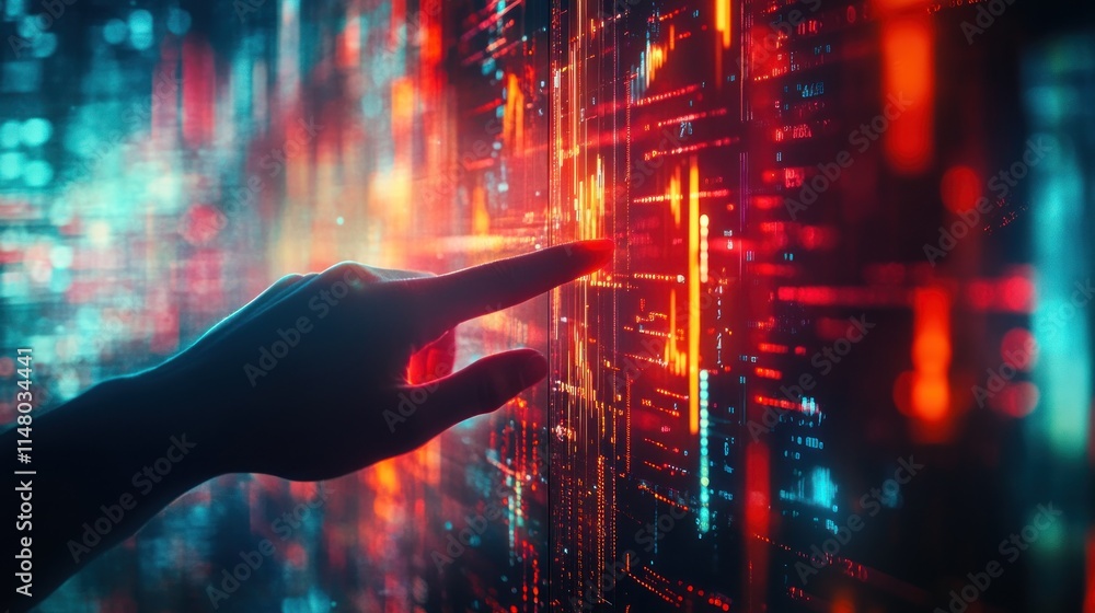 Aufkleber hand interacts with glowing red, blue data grid.
