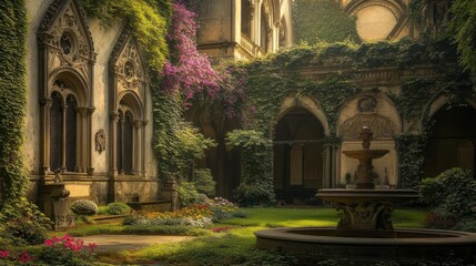Sunlit Gothic courtyard garden with fountain, flowers, and ivy.
