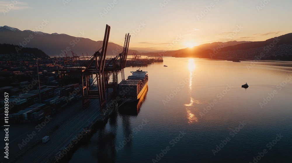 Poster aerial view of a ship docked at a port during sunset.