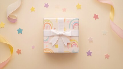 Gift wrapped in pastel paper with bow and ribbon.