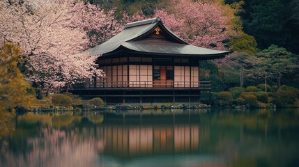 Obraz premium Tranquil Japanese teahouse nestled amongst blossoming cherry trees reflected in a serene pond.