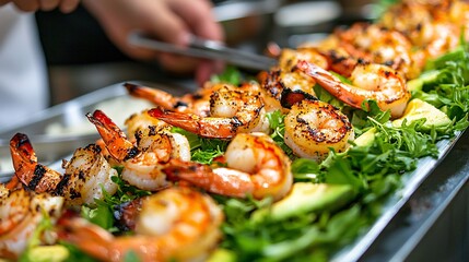 Health-conscious individual preparing a colorful protein-packed salad with grilled shrimp and avocado Stock Photo with side copy space