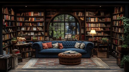 Cozy library, book-lined walls, comfy sofa.
