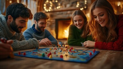 Fototapeta premium Four friends playing a board game by a fireplace in a cozy cabin.
