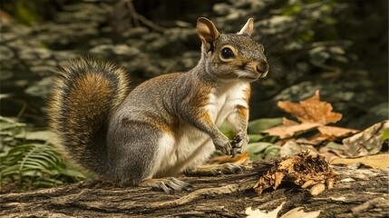 Obraz premium Alert Gray Squirrel on Forest Log, Autumn Scene