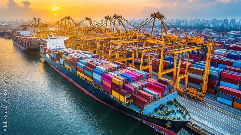 Poster cargo ship with colorful containers at busy port with many cranes at sunrise.