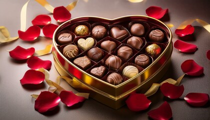 Generated image A heart-shaped box filled with assorted chocolates, surrounded by delicate red rose petals valentines day concept