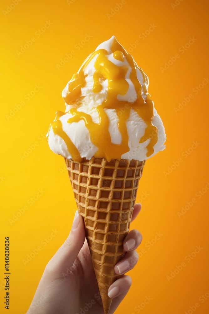 Poster mango topping on vanilla soft serve cone held against orange.
