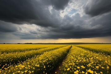 arafed view of a field of yellow flowers under a cloudy sky