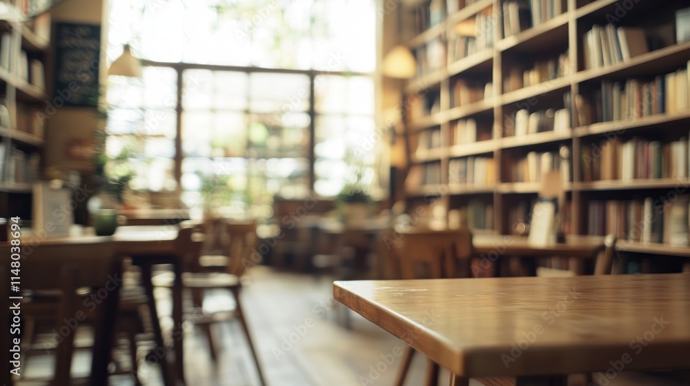 Poster Blurred library with tables and bookshelves.