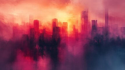 Fototapeta premium Cityscape painting, hazy sunset, red tones.