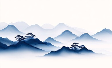 Blue ink wash painting of misty mountains and trees.