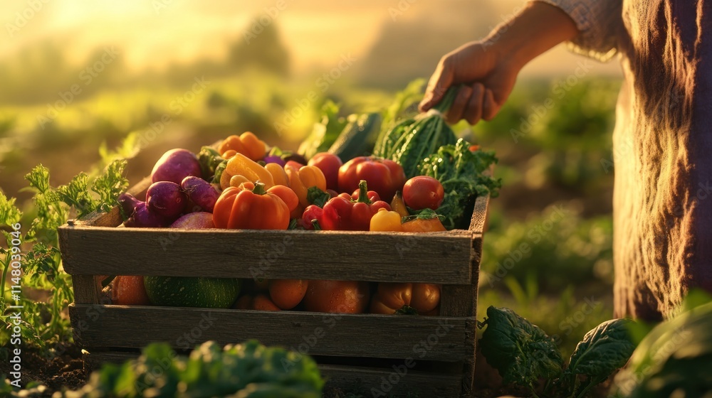 Poster fresh harvest. vegetables picked in crate at farm field at sunset.