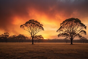 trees in a field with a sunset in the background