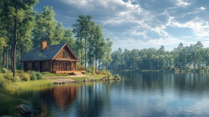 Obraz premium Secluded log cabin, lakeside forest.