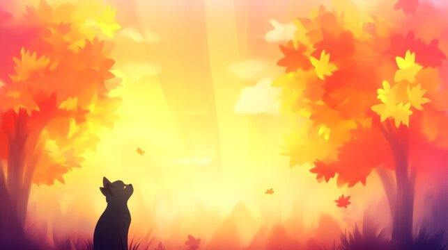Autumn Sunset Silhouette A Black Cat Gazing at Falling Leaves