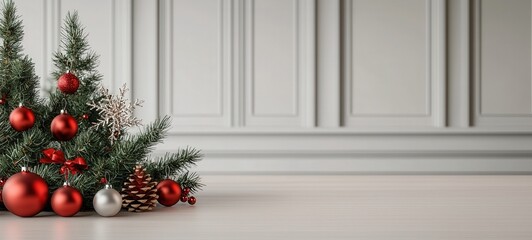 Fototapeta premium Decorative christmas ornaments on table festive indoor setting holiday decor cozy atmosphere close-up view