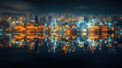 Cityscape at night with building reflections in water.