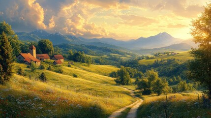 Obraz premium Golden sunset, village, mountain valley, winding path.