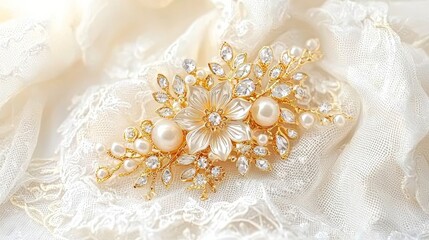 Elegant pearl and crystal brooch on delicate lace background.