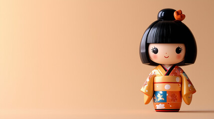A Japanese kokeshi doll with vibrant kimono patterns and a traditional hairstyle

