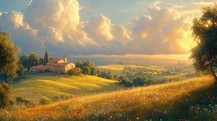Obraz premium Tuscan farmhouse, sunset, wildflowers, rolling hills.