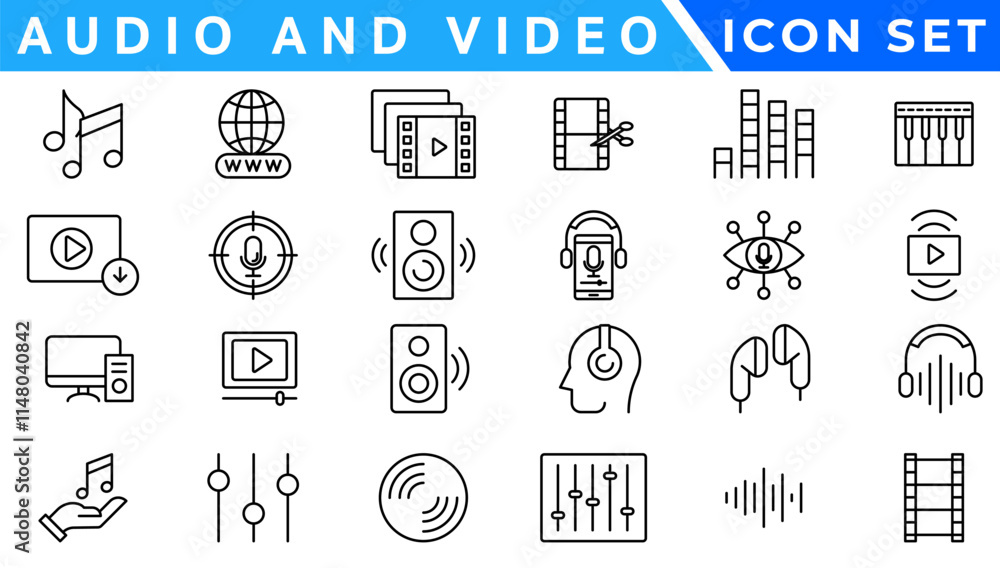 Poster audio video icons pack. thin line icons set. flat icon collection set. simple vector icons