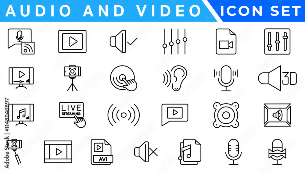 Poster audio video icons pack. thin line icons set. flat icon collection set. simple vector icons