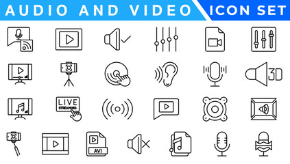 Audio Video Icons Pack. Thin line icons set. Flat icon collection set. Simple vector icons